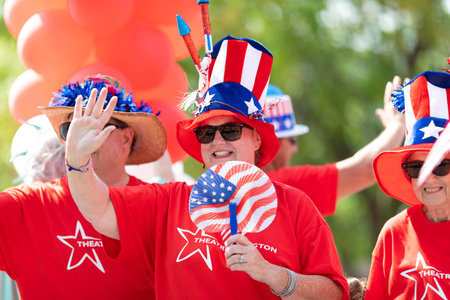 Arlington, Texas, USA - July 4, 2019: Arlington 4th of July Parade, People promoting the Theatre Arlington, at the paradeのeditorial素材