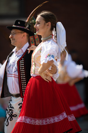 Whiting, Indiana, USA - July 27, 2019: Pierogi Fest, a couple of Slovakian  wearing traditional clothing, performing a traditional danceのeditorial素材