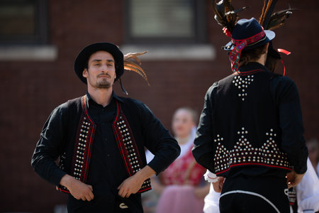 Whiting, Indiana, USA - July 27, 2019: Pierogi Fest, Men wearing traditional Slovakian clothing performing traditional dancesのeditorial素材