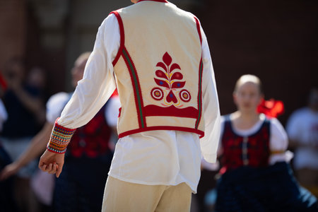 Whiting, Indiana, USA - July 27, 2019: Pierogi Fest, Slovakian dancers wearing traditional clothing performing during the festivalのeditorial素材