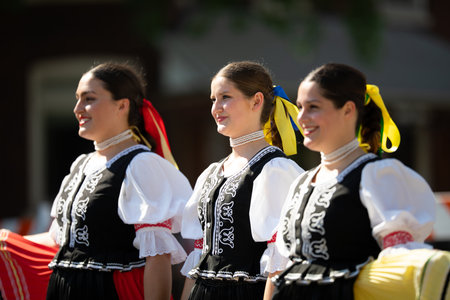 Whiting, Indiana, USA - July 27, 2019: Pierogi Fest, Slovakian ladies waiting for their turn to danceのeditorial素材