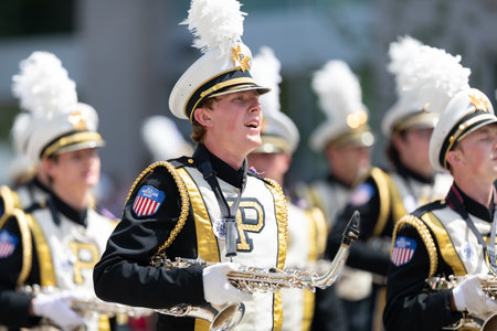 Indianapolis, Indiana, USA - May 25, 2019: Indy 500 Parade, The All American Band from the Purdue University performing at the paradeのeditorial素材