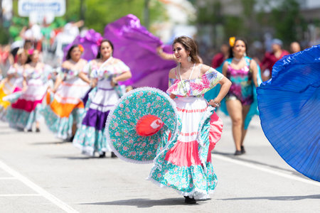 Indianapolis, Indiana, USA - May 25, 2019: Indy 500 Parade, Mexican dancers wearing traditional clothing, performing as they go down Pennsylvania streetのeditorial素材