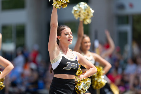 Indianapolis, Indiana, USA - May 25, 2019: Indy 500 Parade, Cheerleaders from the Purdue University, performing at the paradeのeditorial素材