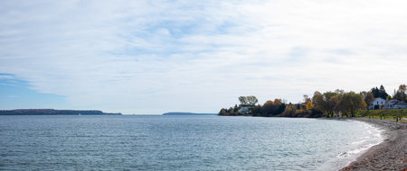 St. Ignace, Michigan, USA, during Autumn, with the Makinac Island on the background