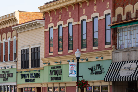 Crown Point, Indiana, USA - July 27, 2019: The shops around the old Courthouse at the Historic Districtのeditorial素材