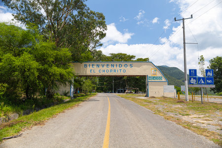 El Chorrito, Tamaulipas, Mexico, July 2, 2019: Sign welcoming visitors into the town