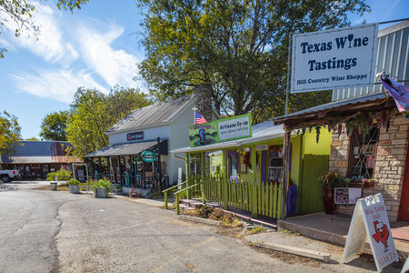 Wimberley, Texas, USA - November 3, 2020: The small shops at Wimberley Squareのeditorial素材