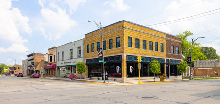 Auburn, Indiana, USA - August 21, 2021: The business along 9th street next to the county courthouseのeditorial素材