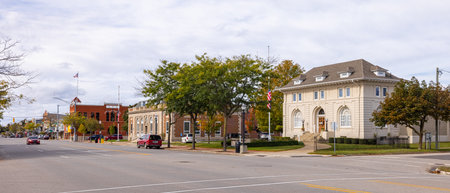 Ludington, Michigan, USA - October 22, 2021: The Public Library and the United States Post Office...