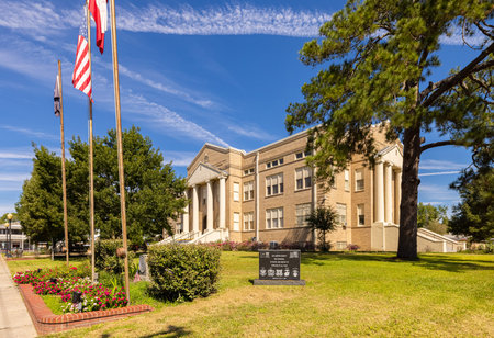 Coldspring, Texas, USA - October 17, 2021: The San Jacinto County Courthouse and its War Memorialのeditorial素材