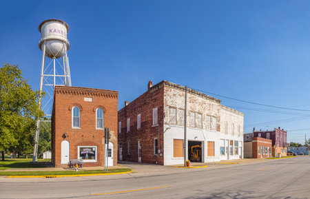 Kansas, Illinois, USA - September 28, 2021: The Old Business District at Front Street, and the towns water tower on the backgroundのeditorial素材