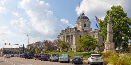 Bloomington, Indiana, USA - August 20, 2021: The Monroe County Courthouse and it is war Memorial