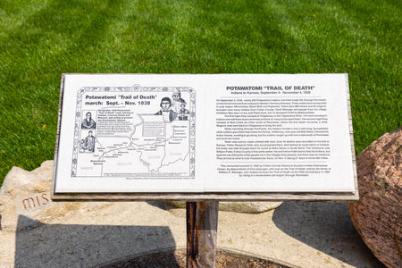 Rochester, Indiana, USA - August 22, 2021: Plaque tells the history of the Potawatomi Trail of Death at The Fulton County Courthouseのeditorial素材