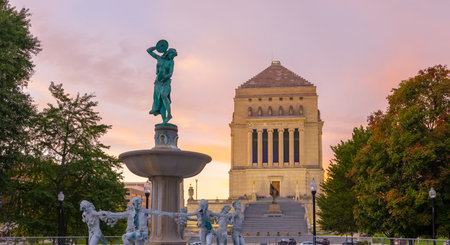 Indianapolis, Indiana, USA - October 19, 2021: The Indiana World War Memorial as seen from University Park with the  Depew Memorial Fountain  on the foregroundのeditorial素材