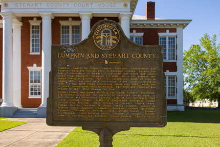 Lumpkin, Georgia, USA - April 19, 2022: Plaque tells the history of the Lumpkin and Stewart County