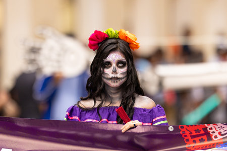 Matamoros, Tamaulipas, Mexico - November 1, 2022: Dia de los Muertos Parade, Young woman dress as...