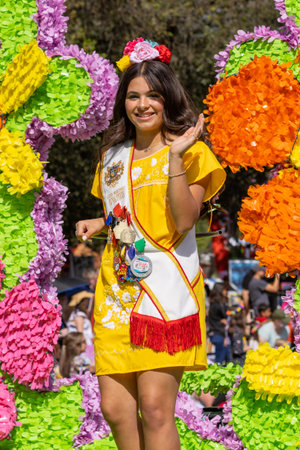 San Antonio, Texas, USA - April 8, 2022: The Battle of the Flowers Parade, Float full of flowers...