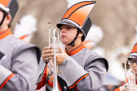 Laredo, Texas, USA - February 19, 2022: The Anheuser-Busch Washingtonâs Birthday Parade, The United High School Marching Band performing at the paradeのeditorial素材