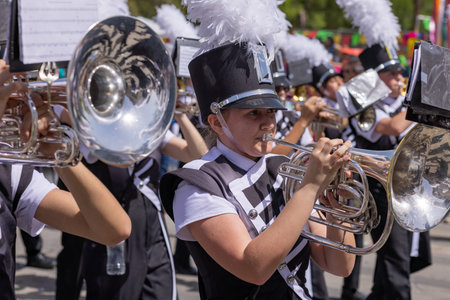 San Antonio, Texas, USA - April 8, 2022: The Battle of the Flowers Parade, The Tom C. Clark High School Cougar Band performing at the paradeのeditorial素材