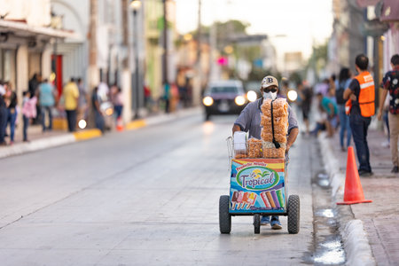Matamoros, Tamaulipas, Mexico - September 16, 2022: Desfile 16 de Septiembre, Street vendor selling bolis, paletas and chicharronesのeditorial素材