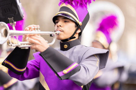 Laredo, Texas, USA - February 19, 2022: The Anheuser-Busch Washingtonâs Birthday Parade, The Lyndon B. Johnson High School Marching Band  performing at the paradeのeditorial素材