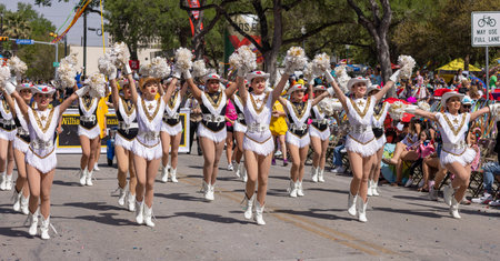 San Antonio, Texas, USA - April 8, 2022: The Battle of the Flowers Parade, The Brennan High School Band Performing at the paradeのeditorial素材