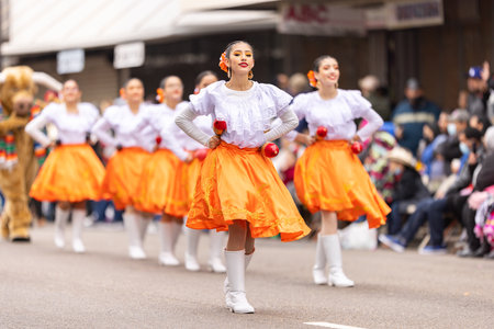 Brownsville, Texas, USA - February 26, 2022: Charro Days Grand International Parade, Members of the Charles Stillman Middle School Band performing at the paradeのeditorial素材