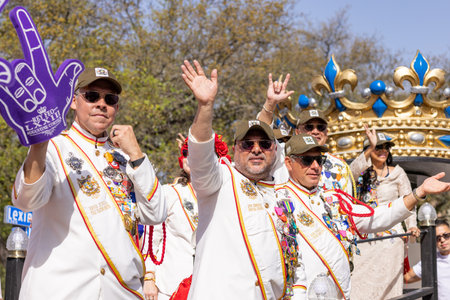 San Antonio, Texas, USA - April 8, 2022: The Battle of the Flowers Parade, members of the Consejo del Rey Feo Educational Foundationのeditorial素材