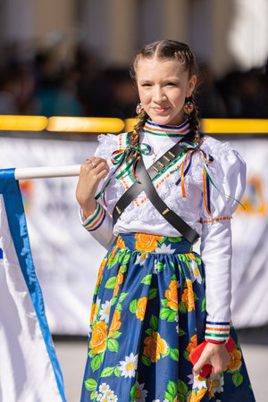 Matamoros, Tamaulipas, Mexico - November 26, 2022: The Desfile del 20 de Noviembre, Young woman from escuela secundaria no 2 wearing traditional clothingのeditorial素材