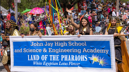 San Antonio, Texas, USA - April 8, 2022: The Battle of the Flowers Parade, people on a float...