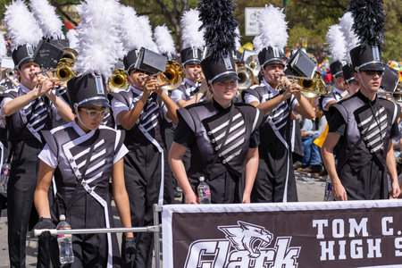 San Antonio, Texas, USA - April 8, 2022: The Battle of the Flowers Parade, The Tom C. Clark High...