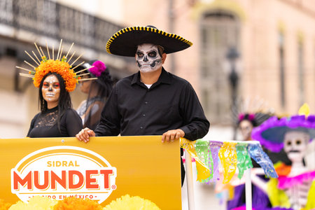 Matamoros, Tamaulipas, Mexico - November 1, 2022: Dia de los Muertos Parade, Man using skull face...