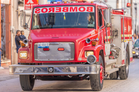 Matamoros, Tamaulipas, Mexico - September 16, 2022: Desfile 16 de Septiembre, Mexican Fire Engine...