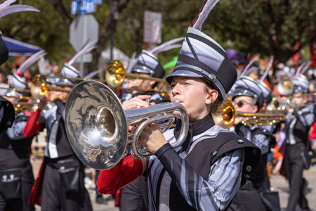 San Antonio, Texas, USA - April 8, 2022: The Battle of the Flowers Parade, The Winston Churchill High School Charger Band performing at the paradeのeditorial素材