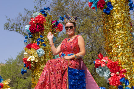 San Antonio, Texas, USA - April 8, 2022: The Battle of the Flowers Parade, Float Carrying the...