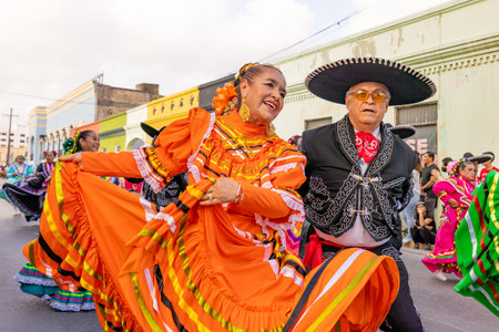 Matamoros, Tamaulipas, Mexico - February 25, 2023: Fiestas Mexicanas Parade, Senior women and men...
