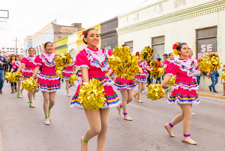Matamoros, Tamaulipas, Mexico - February 25, 2023: Fiestas Mexicanas Parade, Cheerleaders from the...