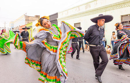 Matamoros, Tamaulipas, Mexico - February 25, 2023: Fiestas Mexicanas Parade, Students from CBTis 135...
