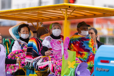 Valle Hermoso, Tamaulipas, Mexico - March 18, 2023: City Anniversary Parade, Seniors residents of the Casa el Refugio, Retirement home sponsored by the DIFのeditorial素材