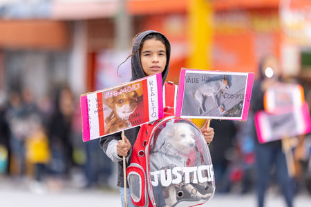 Valle Hermoso, Tamaulipas, Mexico - March 18, 2023: City Anniversary Parade, People and their pets march with signs denouncing animal abuse in the city and Mexicoのeditorial素材