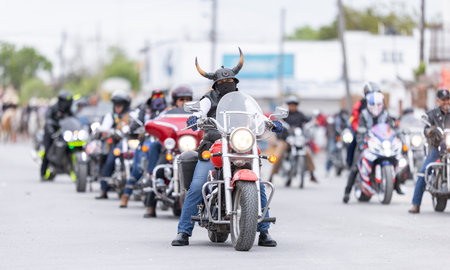 Valle Hermoso, Tamaulipas, Mexico - March 18, 2023: City Anniversary Parade, Members of the Bikehermoso motorcycle club displaying their bikes at the paradeのeditorial素材