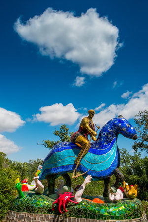 Garavicchio, near Pescia Fiorentina, communal village of Capalbio (GR) in Tuscany, Italy, designed by the French-American artist Niki de Saint Phalle, populated with statues inspired by the figures of the Major Arcana of the Tarotの写真素材
