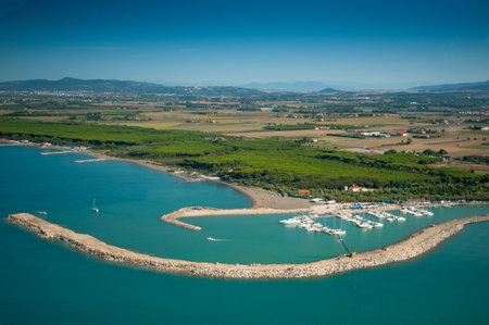 Aerial view of the area Costa degli Etruschi between Marina di Cecina, Vada, White Beaches, Solvay and Castiglioncelloの写真素材