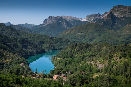Garfagnana, Tuscany, Italy - The artificial lake of Gramolazzo, Serchio Valley, Tuscany, Italy, view from the village of Castagnolaの写真素材