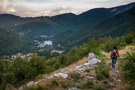 Garfagnana, Tuscany, Italy - Vagli di Sotto village on Lago di Vagli, Vagli lake view from Campacatino village, the way trekkingの写真素材