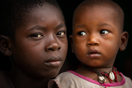 Mabendo, Sierra Leone - May 31, 2013: Mabendo, small village in Sierra Leone, Africa, portrait of brothersのeditorial素材