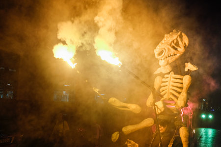 Pontedera, Italy - July 14, 2016: The Avalot Fire show in Viale Rinaldo Piaggio in Pontedera, Tuscany at the Portuguese association Centrum Sete Sois Sete Luasのeditorial素材
