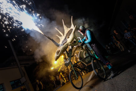 Pontedera, Italy - July 14, 2016: The Avalot Fire show in Viale Rinaldo Piaggio in Pontedera, Tuscany at the Portuguese association Centrum Sete Sois Sete Luasのeditorial素材