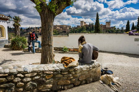 Granada, Spain - March 23, 2008 - Albaicin Neighborhood in Granada, musician song the guitar, Spainのeditorial素材